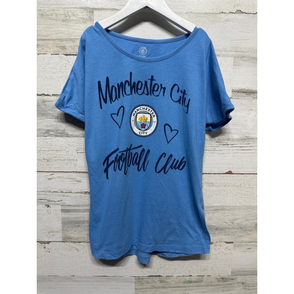 Manchester City FC Graphic Tee Girls 10/12 Blue Hearts Soccer Sporty EUC